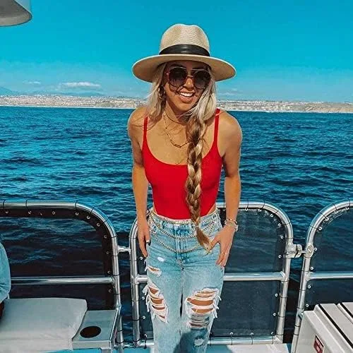 Vista 7 de FURTALK Womens Mens Wide Brim Straw Panama Hat Fedora Summer Beach Sun Hat UPF Straw Hat for Women