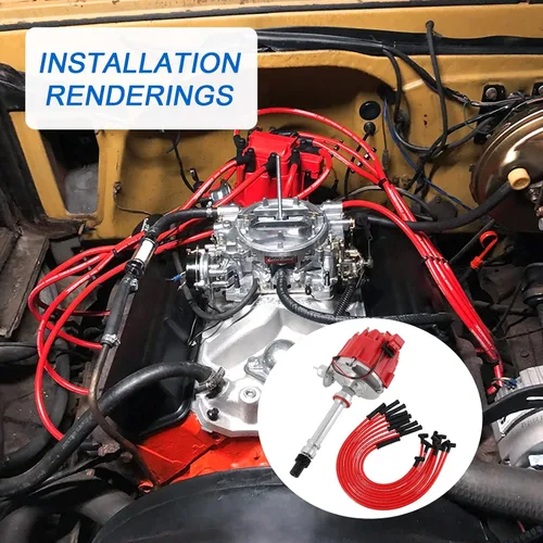 Vista 4 de Distribuidor HEI con cables de bujía de repuesto para Chevy SBC 350 BBC 454 Kit combinado de encendido, 0.413 in, silicona