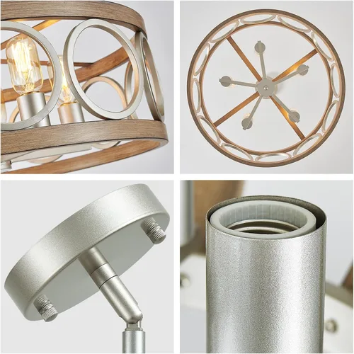 Vista 9 de XINGQI Candelabro de tambor de 21.7 pulgadas, lámpara de comedor de granja, iluminación de cocina de níquel cepillado de grano de madera, 5 luces