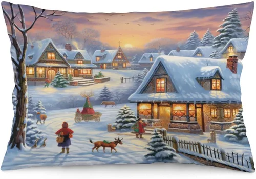 Vista 27 de Fundas de cojín decorativas para cama, diseño de pueblo de invierno, escena de invierno, con una casa victoriana en un entorno nevado, fundas