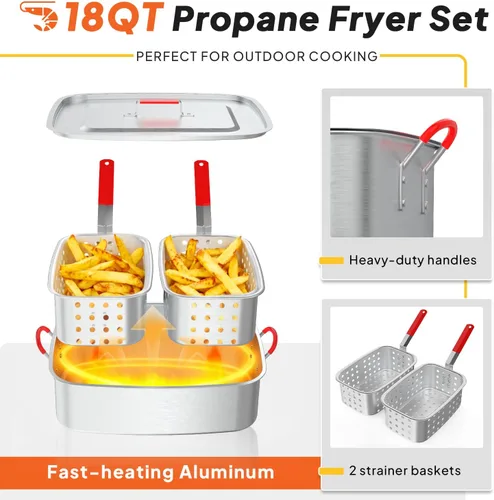 Vista 5 de Freidora de propano de 18 cuartos de galón Freidora de pescado al aire libre con 2 cestas, pinzas, tapa y termómetro Freidora de aluminio