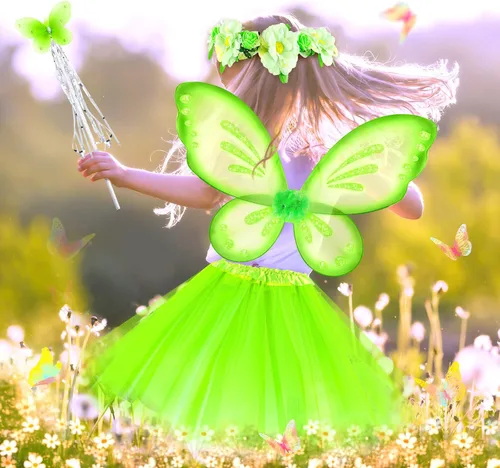 Vista 5 de Geyoga Disfraz de princesa para niños con alas de mariposa tutú varita y diadema de corona floral para niños de 3 a 8 años