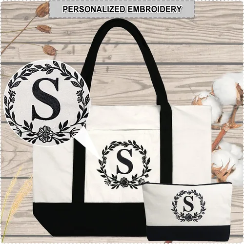 Vista 5 de BeeGreen Bolsa de lona con inicial con bolsa de maquillaje, monograma, bolsa de playa para mujeres, regalos personalizados para profesores, madres