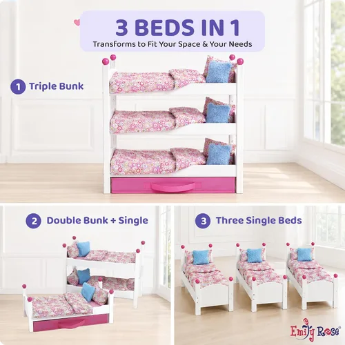 Vista 4 de Emily Rose Muebles para muñecas de 18 pulgadas, 3 camas individuales de madera apilables blancas, litera triple con (3) juegos de ropa de cama