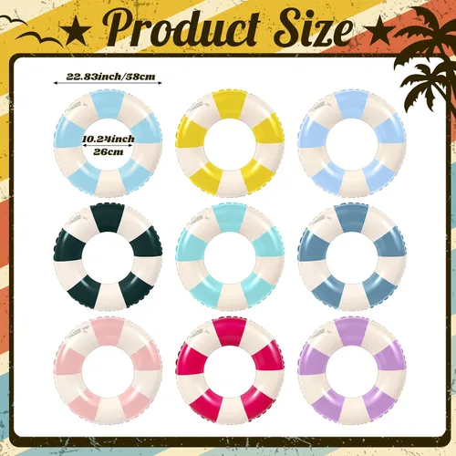 Vista 3 de Lenwen 9 tubos interiores clásicos a rayas para piscina, tubos de piscina con impresiones divertidas, tubo inflable para piscina, flotadores