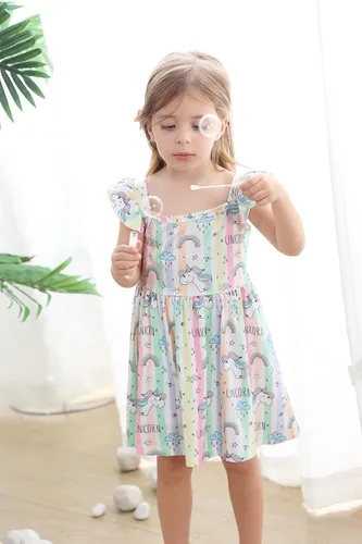 Vista 5 de Popshion Vestidos de niña con mangas con vuelo, vestido de verano para niños, fiesta de cumpleaños, sin mangas, vestido de 1 a 8 años