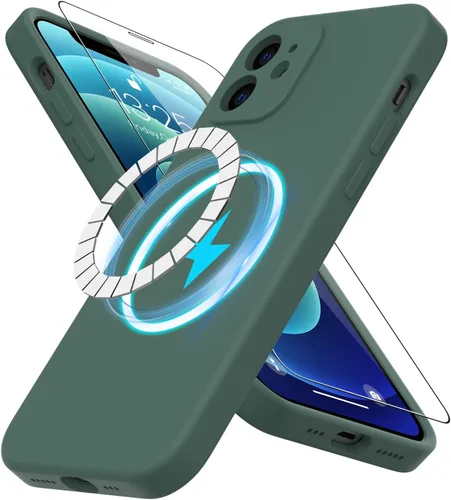 Vista 38 de DEENAKIN Funda magnética de silicona para iPhone 12 Pro con protector de pantalla, compatible con MagSafe, protección de cámara, funda protectora