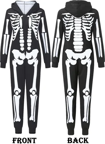 Vista 4 de CYCLAMEN Disfraz de Halloween para adultos, parejas, esqueleto de calabaza, enterizo con capucha, para mujeres, hombres, familia