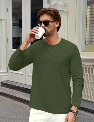 Vista 2 de Cotrasen Camisetas de manga larga para hombre de algodón con cuello redondo, camisetas T con bolsillo que absorben la humedad, suaves, cómodas