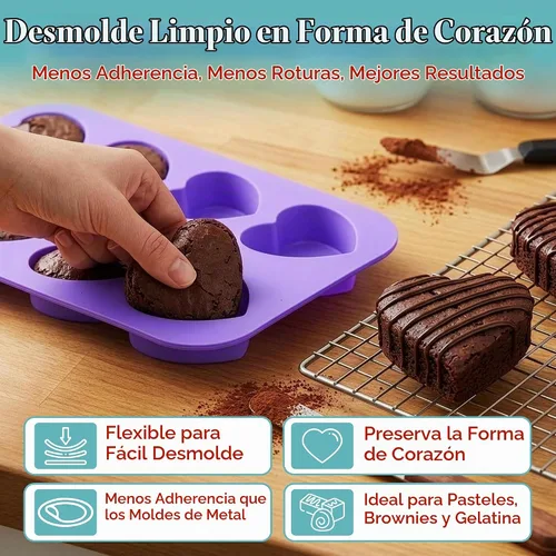 Vista 5 de Bakerpan Paquete de 2 moldes de silicona para hornear – Mini moldes para pasteles en forma de corazón para cupcakes, magdalenas, brownies y postres