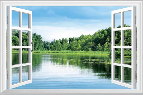 Vista 12 de FLFK Calcomanía de pared falsa para ventana, diseño de vista tropical del océano para despegar y pegar, 24 x 16 pulgadas
