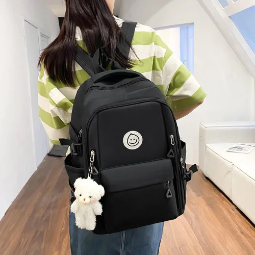 Vista 8 de 5pcs Mochila Set Gran Capacidad Patchwork Bookbag Lona con Colgante, Negro, Mediana, Casual