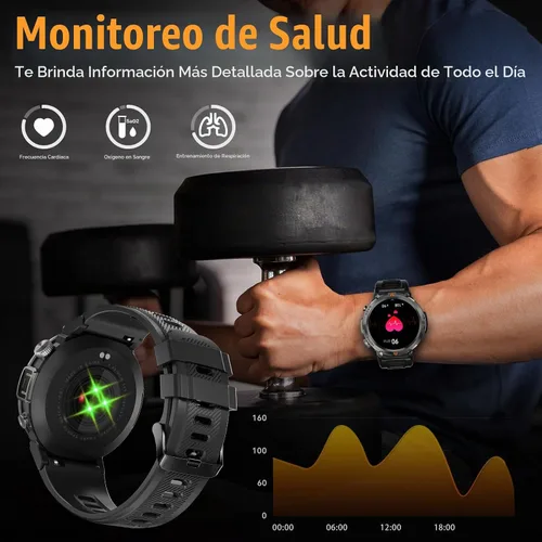 Vista 7 de Reloj inteligente militar para hombres táctico resistente Bluetooth llamada Negro