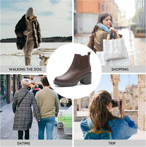 Vista 5 de EETTARO Botas de tobillo de tacón grueso para mujer, suela elástica, botas Chelsea con punta redonda para mujer