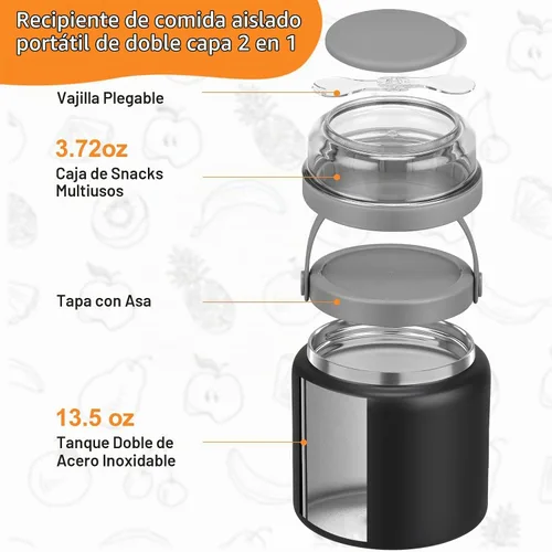 Vista 4 de JXXM Tarro de comida aislado 2 en 1 para niños, termo de sopa de 13.5 onzas con contenedor de aperitivos, termo para alimentos calientes