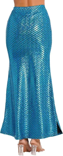 Vista 6 de YOOJOO Disfraz de cola de sirena para mujer, cintura alta, estampado de escamas de pescado, falda larga de lentejuelas, vestido de fiesta