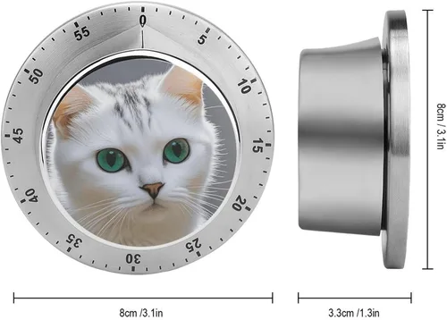 Vista 2 de Cute White Cat Kitchen Timers for Cooking Stainless Steel Chef Cooking Timer Clock Magnetic Manual Countdown Timers 60 Minute Wind Up Timer with