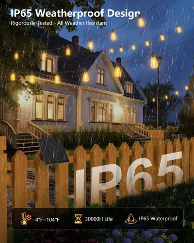 Vista 3 de Brightown Guirnalda de luces solares de 37 pies para exteriores, impermeable, con control remoto, 10+1 bombillas LED inastillables, regulables
