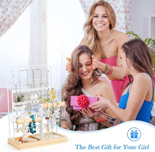 Vista 7 de Jewelry Organizer, Earring Holder Organizer Jewelry Stand with Tray, 8-Tier Jewelry Display Rack with 13 Hooks for Necklace Bracelet, 96 Holes for