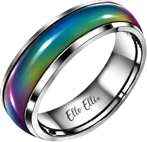 Vista 11 de Ello Elli - Anillo de humor de 6 mm actualizado hecho de acero inoxidable - Cristales multicolor de arcoíris - Banda de ajuste cómodo - Anillo retro
