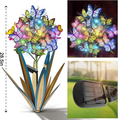 Vista 2 de Homight Escultura Solar de Metal Agave Mariposa Flor en Palo para Jardín - Regalo al Aire Libre, Luces de Navidad - Luces de Jardín de Mariposas