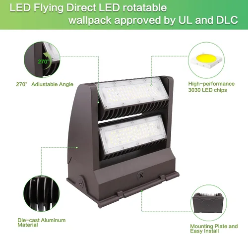 Vista 4 de Luz giratoria del paquete de la pared de la cabeza LED de 80W, 5000K 10800LM 5000K IP65 impermeable, 100-277V, UL listado, iluminación