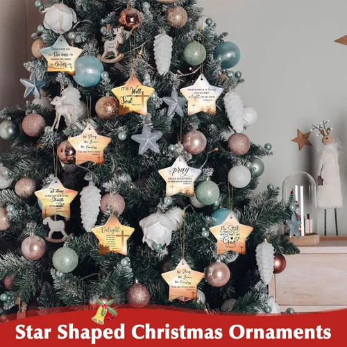Vista 5 de Barydat 18 adornos de Navidad cristianos, versículo de la Biblia, adornos de cerámica para árbol de Navidad, en forma de estrella, escritura
