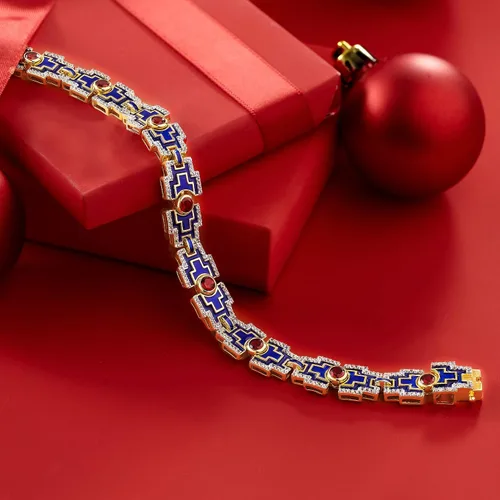 Vista 3 de Ross-Simons 280 ct tw Garnet and 190 ct tw White Topaz Bracelet With Blue Enamel in 18kt Gold Over Sterling