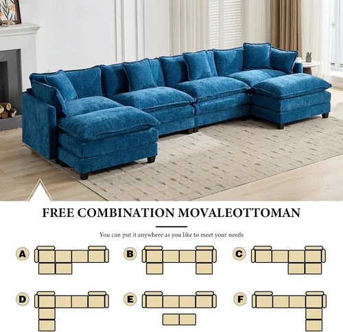 Vista 258 de Sofá seccional modular verde de 111.5", sofás seccionales grandes de 3 plazas para sala de estar, sofá nube oversized de tela chenille con otomana