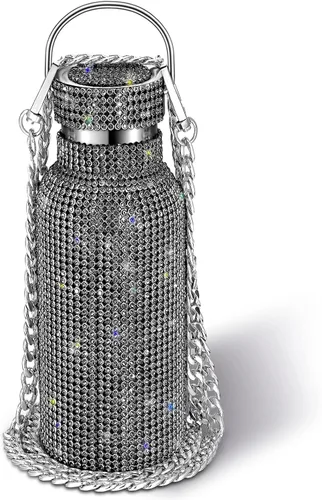 Vista 10 de Geiserailie Botella de agua con diamantes de imitación de acero inoxidable, térmica, recargable, aislada, con cadena, para mujeres y niñas