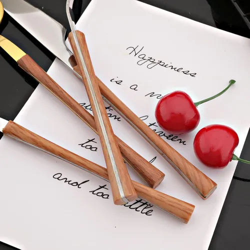 Vista 4 de JASHII Juego de cubiertos con mango de madera, juego de cubiertos de acero inoxidable de 20 piezas, pulido con espejo, juego de cucharas y tenedores