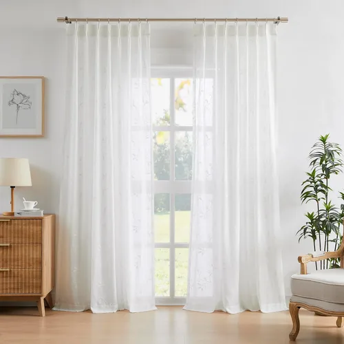 Vista 8 de Vision Home Cortinas plisadas traslúcidas con estampado de hojas bordadas, paneles de ventana para sala de estar o dormitorio, cortinas plisadas