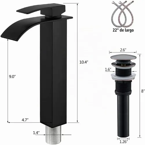 Vista 8 de Fregadero de Recipiente Negro Rectangular, 45,7x33 cm Encimera de Cerámica de Porcelana para Baño con Combo de Grifo y Drenaje Fregadero negro+grifo