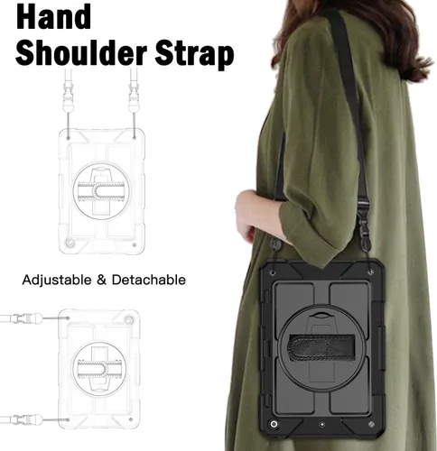 Vista 8 de BMOUO Funda para iPad de 9ª/8ª/7ª generación de 10.2", a prueba de golpes con soporte giratorio de 360°, correa de hombro y mano, funda para iPad