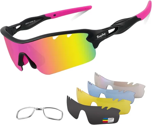 Vista 16 de BangLong Polarized UV400 Sports Sunglasses with 5 Lenses for Men Women TR90 Flexible Frame, 5 Interchangeable Lens with RX Insert, 0.9oz Sports