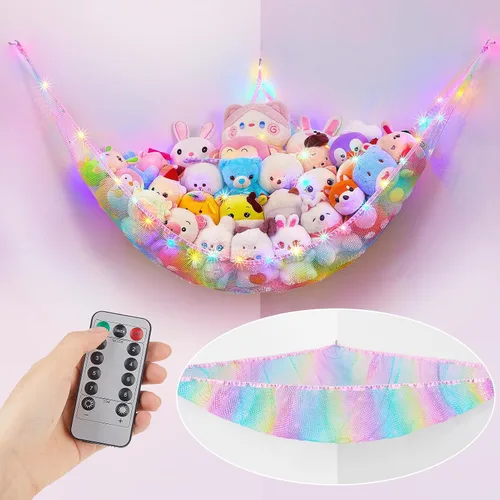 Vista 9 de Unicorn Castle Hamaca de red para animales de peluche, almacenamiento de juguetes con luz LED, organizador de juguetes de felpa para colgar