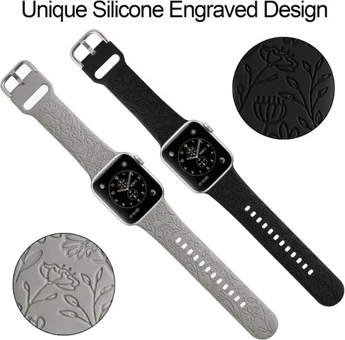 Vista 5 de Paquete de 2 correas deportivas grabadas con flores compatibles con correas de Apple Watch de 1.496 pulgadas, 1.575 pulgadas, 1.614 pulgadas