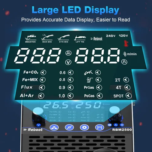 Vista 4 de Soldador MIG Reboot 250Amp 120V/240V RBM2500 PRO, máquina de soldar multiproceso 8 en 1 con modos de soldadura de aluminio dual, compatible con MIG