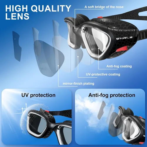 Vista 4 de Whale Gafas de natación, gafas antivaho HD, unisex, 100% protección UV, diseño antivaho transparente visión submarina de gran angular Negro