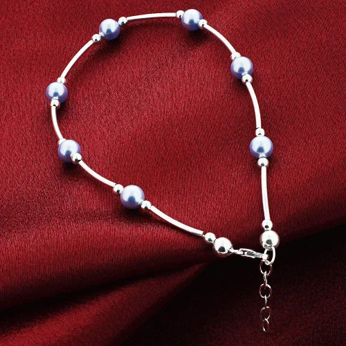 Vista 2 de Gem Avenue Tobillera ajustable de plata de ley con perlas de imitación azules redondas de 9 a 10 pulgadas para mujer, No aplicable
