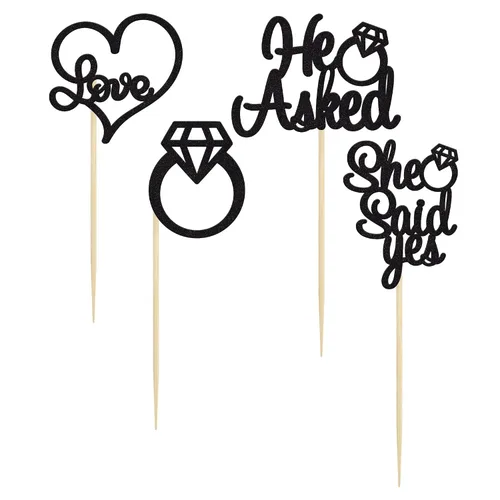 Vista 3 de Gyufise Paquete de 24 adornos para cupcakes con purpurina negra con la frase "He Asked She Said Yes" para cupcakes, anillos de corazón con purpurina