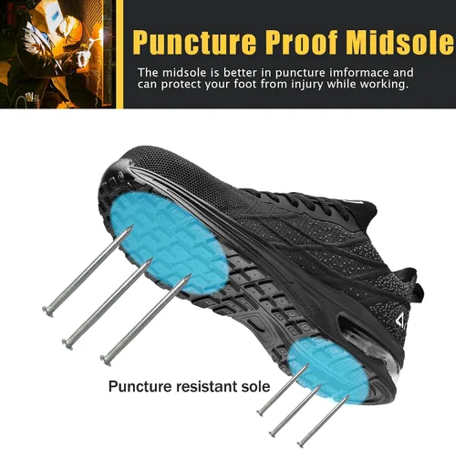 Vista 3 de HiHatide - Zapatos con punta de acero para hombre, zapatos de trabajo, zapatos de seguridad, con amortiguación de aire, ligeros, antideslizantes