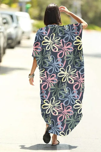 Vista 2 de RanRui Vestido de caftán de manga corta con cuello en V para mujer con bolsillo Caftanes Estampado (Flower Print)