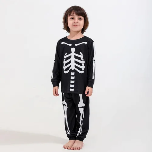 Vista 3 de Conjunto de pijamas familiares a juego de Halloween divertido conjunto de pantalones estampados de esqueleto, disfraz de Halloween y cosplay