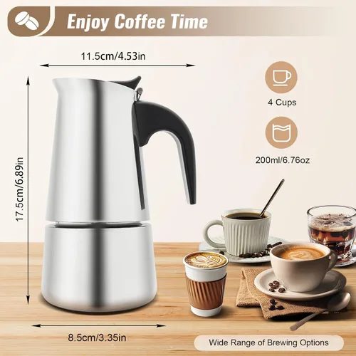Vista 2 de Cafetera de café para estufa, cafetera de acero inoxidable Moka Pot Mocha Greca, máquina multifuncional para el hogar y campamento (4 tazas)