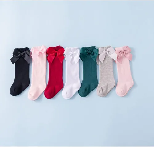 Vista 3 de BULINGNA Calcetines de princesa con lazo, color sólido, con volantes, hasta la rodilla, para bebé, para uniforme escolar