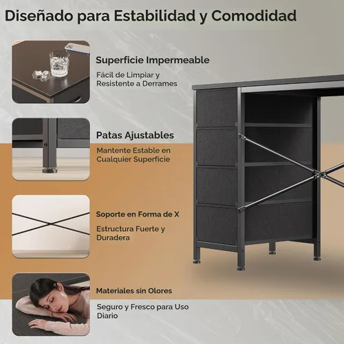 Vista 9 de Huuger Escritorio en forma de L de 55 pulgadas con cajones de tela, escritorio reversible para juegos para computadora con tomas de corriente