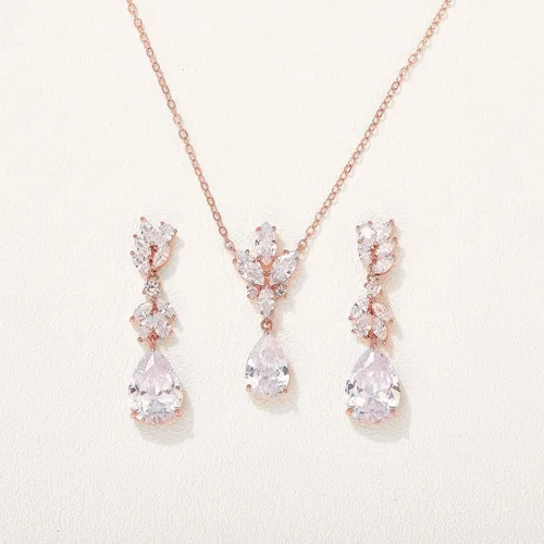 Vista 5 de SWEETV Wedding Jewelry Sets for Brides Bridesmaid,Cubic Zirconia Teardrop Bridal Necklace Earrings Set Wedding Prom Jewelry for Women