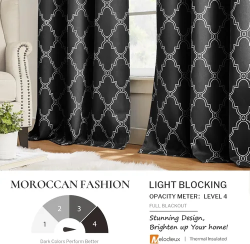 Vista 6 de Melodieux Cortinas 100% opacas de 96 pulgadas de largo para sala de estar, dormitorio estilo marroquí, aislamiento térmico, ahorro de energía