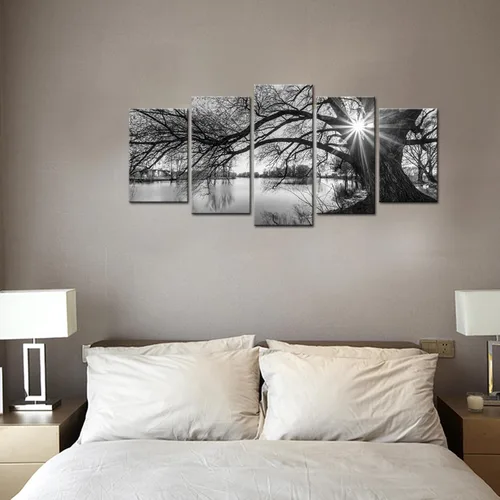 Vista 4 de sechars - 5 piezas de arte de pared, diseño de árbol viejo por lago, pintura de amanecer, paisaje blanco y negro, decoración moderna de pared